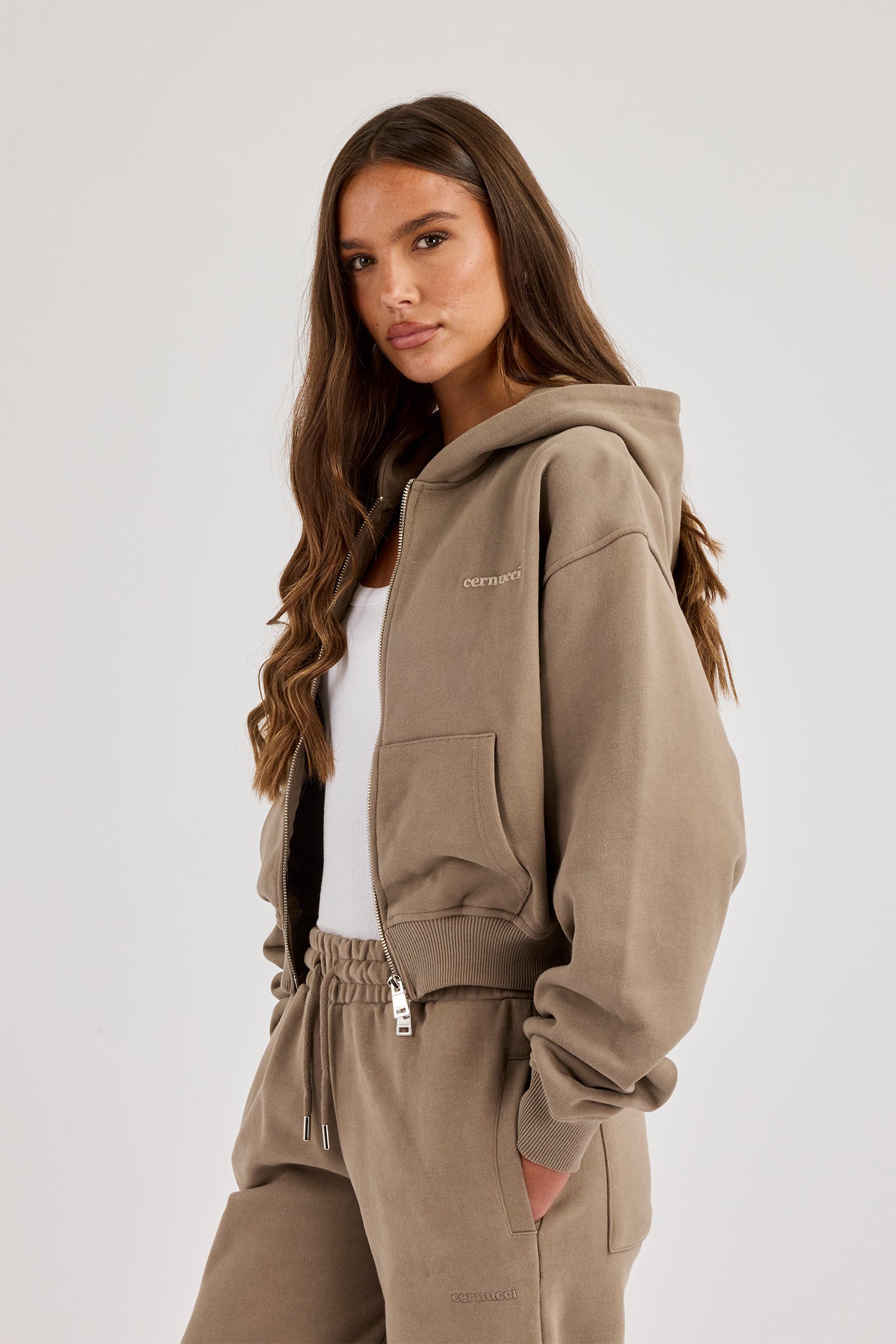 Cernucci Cropped Zip Through Hoodie - Taupe